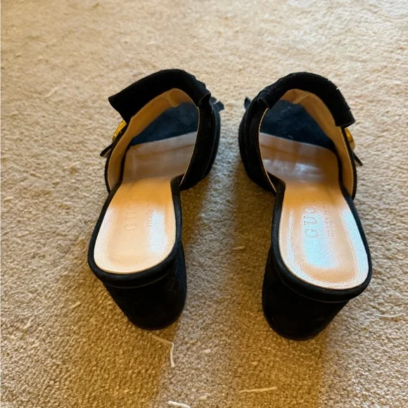 Gucci Black Suede Fringe Block Heel Mules with Gold GG - Picture 4 of 4